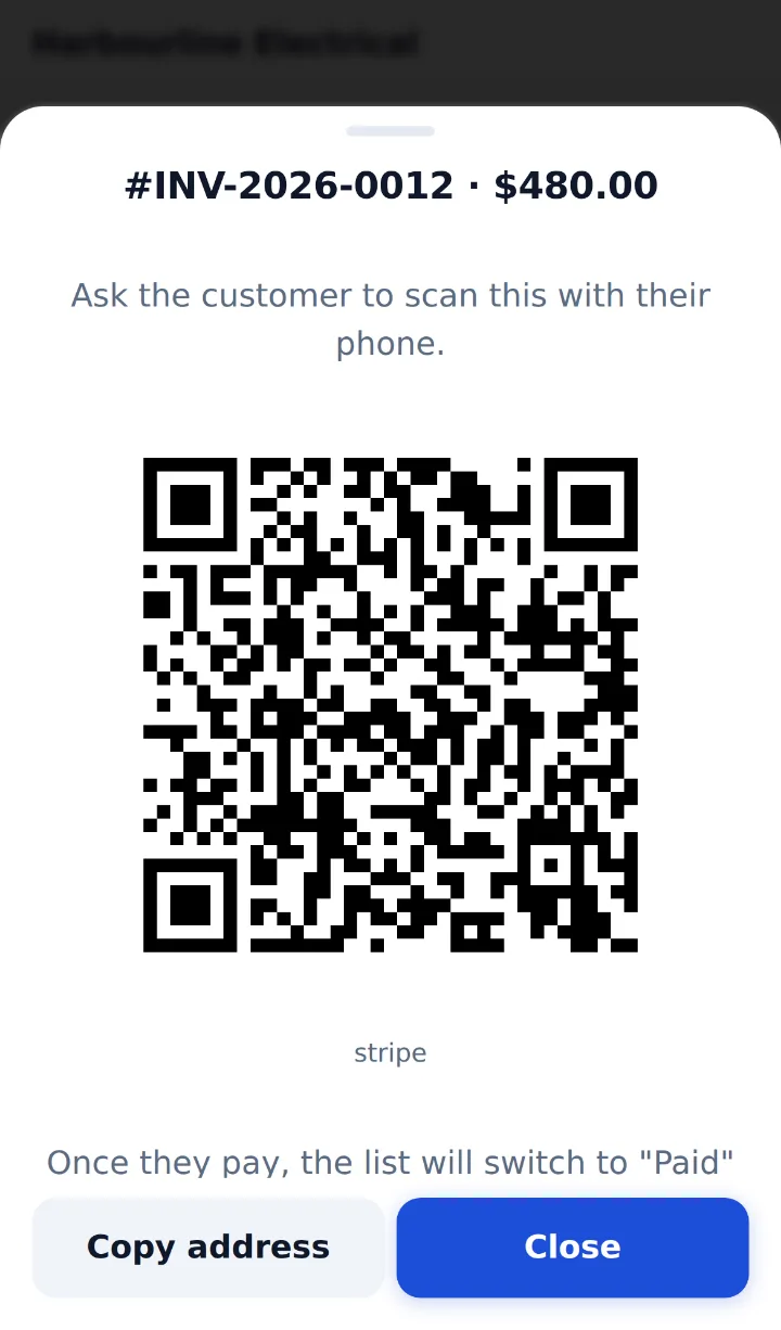 Card payment QR on the tradie’s phone