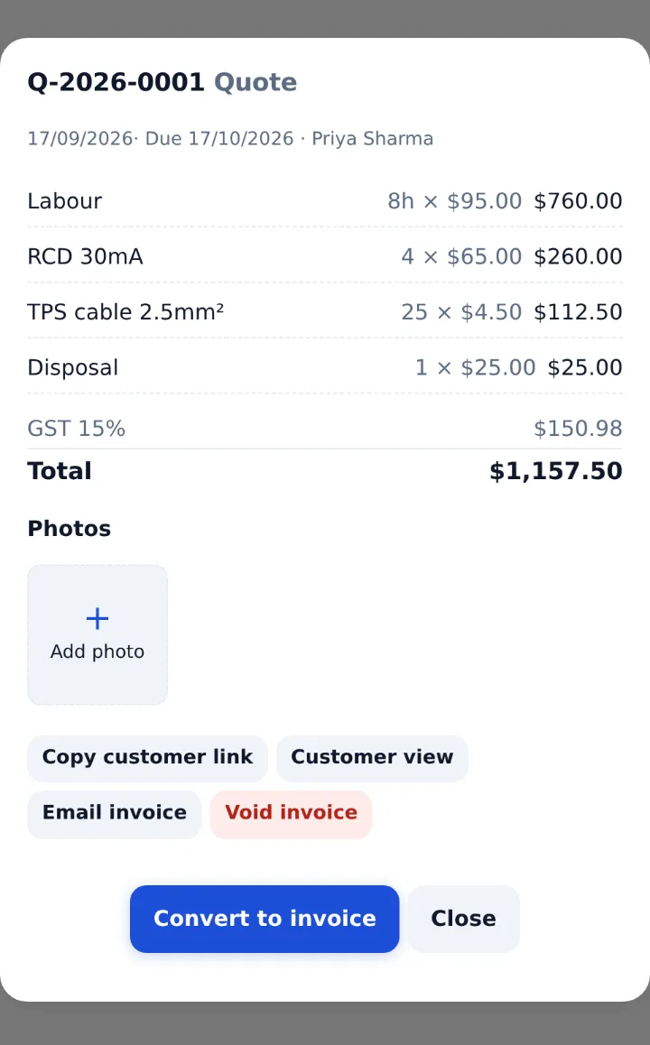 Quote with Convert to invoice button
